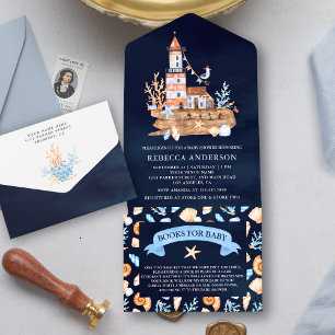 Invitation Tout En Un Baby Shower Rustique Bleu Marine sur le thème du P