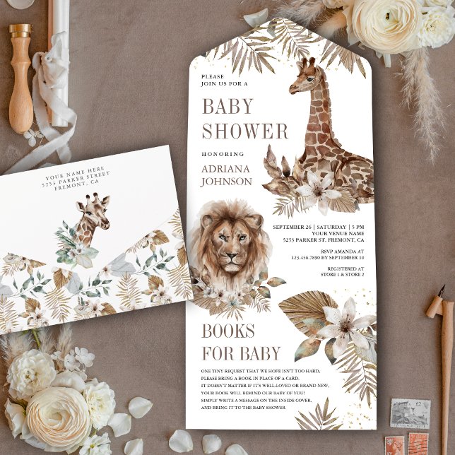 Invitation Tout En Un Baby shower rustique Boho Safari Lion et Giraffe (Créateur téléchargé)