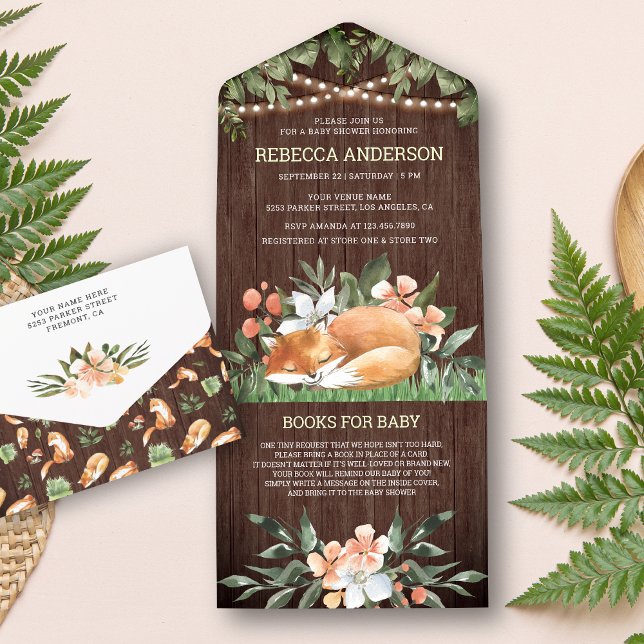 Invitation Tout En Un Baby shower rustique de renard couché bois bois (Créateur téléchargé)