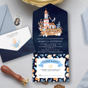 Invitation Tout En Un Baby Shower Rustique Marin Phare Bleu Marine