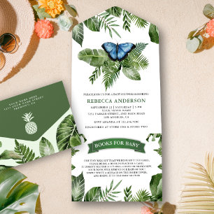 Invitation Tout En Un Baby shower Rustique Tropical Jungle Blue Butterfl