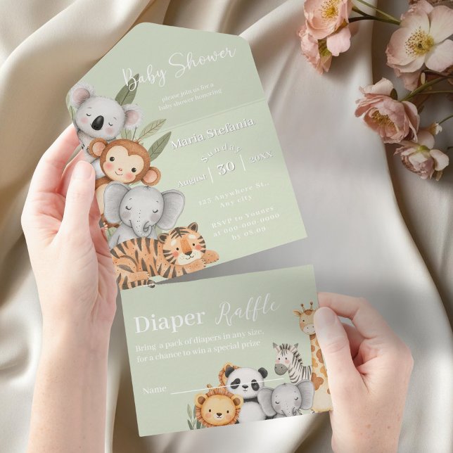 Invitation Tout En Un baby shower Safari Jungle tropicale verte Animaux (Créateur téléchargé)