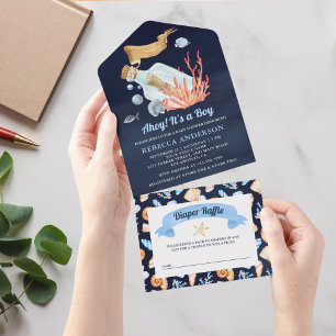 Invitation Tout En Un Baby Shower Thème Bouteille à la Mer Bleu Marine