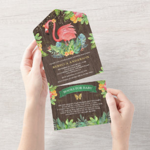 Invitation Tout En Un Baby Shower Tropical Flamingo Mignon Bois Rustique