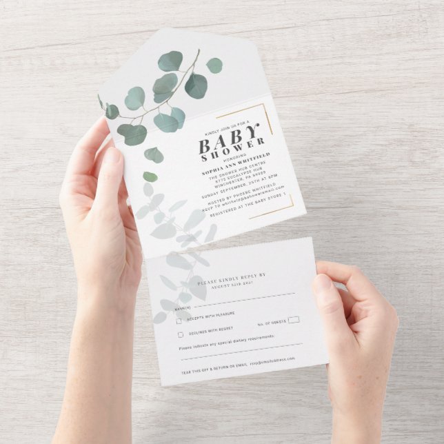 Invitation Tout En Un Baby shower vert moderne Eucalyptus (Déchirure)
