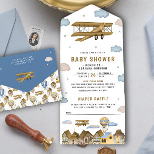 Invitation Tout En Un Baby-Shower Vintage Rétro Avion Marron