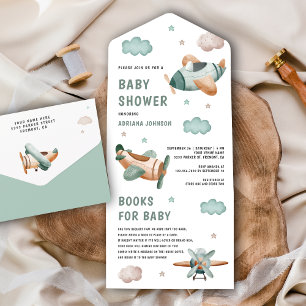 Invitation Tout En Un Baby shower vintage Retro Cute Green Airplanes