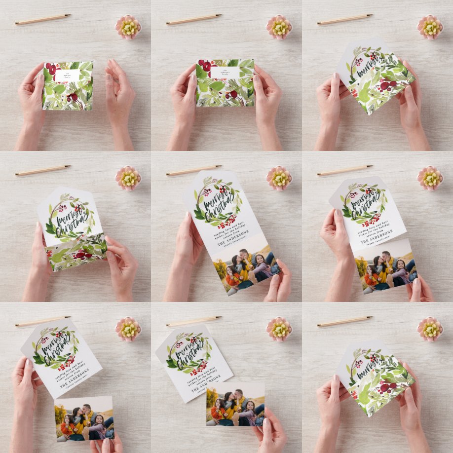 Invitation Tout En Un Baies d'aquarelle et verdure Vacances Wreath