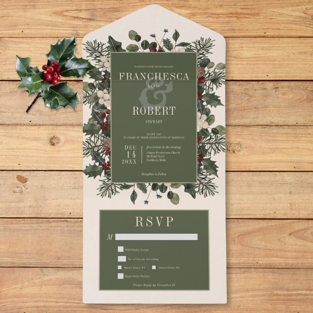 Invitation Tout En Un Baies d'hiver rustiques et crème de pin Deux dîner (Rustic Winter Berries & Pine Cream Two Dinner All In One Invitation)