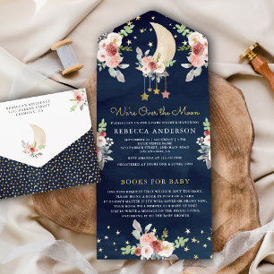 Invitation Tout En Un Baignade Bohème Fleuris Étoiles Lune Baby Shower B