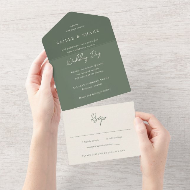 Invitation Tout En Un Bailee Olive Green Mariage moderne (Déchirure)