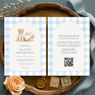 Invitation Tout en Un Bain de Bébé Chien Gingham Bleu