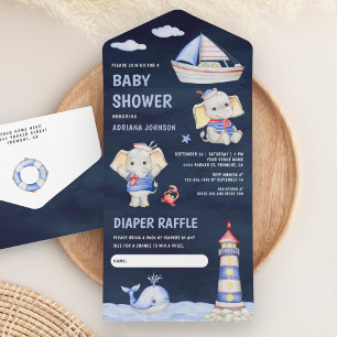Invitation Tout En Un Bain de bébé éléphant mignon bateau nautique bleu 