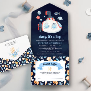 Invitation Tout En Un Bain de bébé sous-marin mignon bleu marine