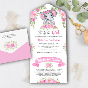 Invitation Tout En Un Bain de roseau Floral Aquarelle Éléphant Baby Show