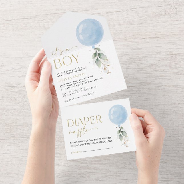 Invitation Tout En Un Balcon Bleu, Eucalyptus, Verdure, Baby shower (Déchirure)