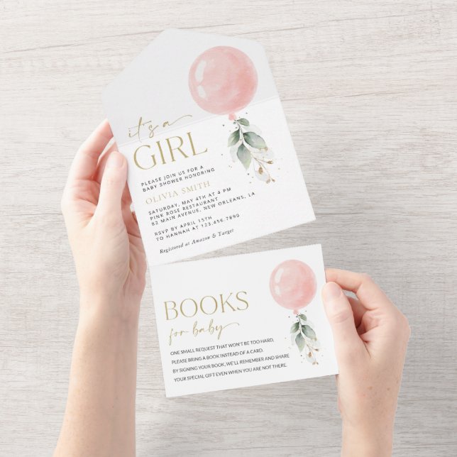 Invitation Tout En Un Balcon rose, Eucalyptus, Verdure, Baby shower (Déchirure)
