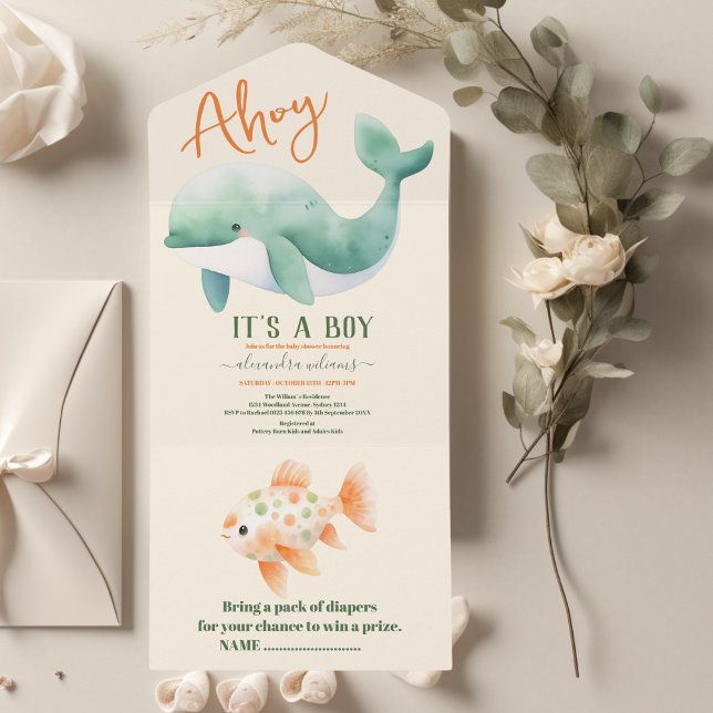 Invitation Tout En Un Baleine aquatique sous le Baby shower marin (Créateur téléchargé)