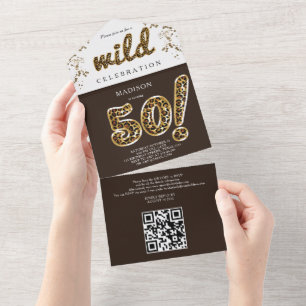 Invitation Tout En Un Ballon en aluminium Léopard Anniversaire 50 ans QR