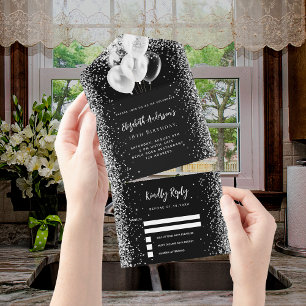 Invitation Tout En Un Ballons blancs noirs parties scintillant anniversa
