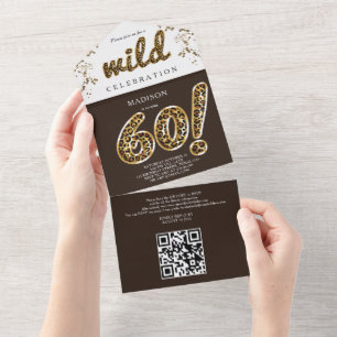 Invitation Tout En Un Balloon Léopard Foil 60e anniversaire QR Code RSVP