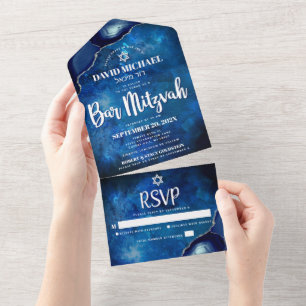 Invitation Tout En Un Bar Mitzvah Blue Galaxy Aquarelle Script d'agate