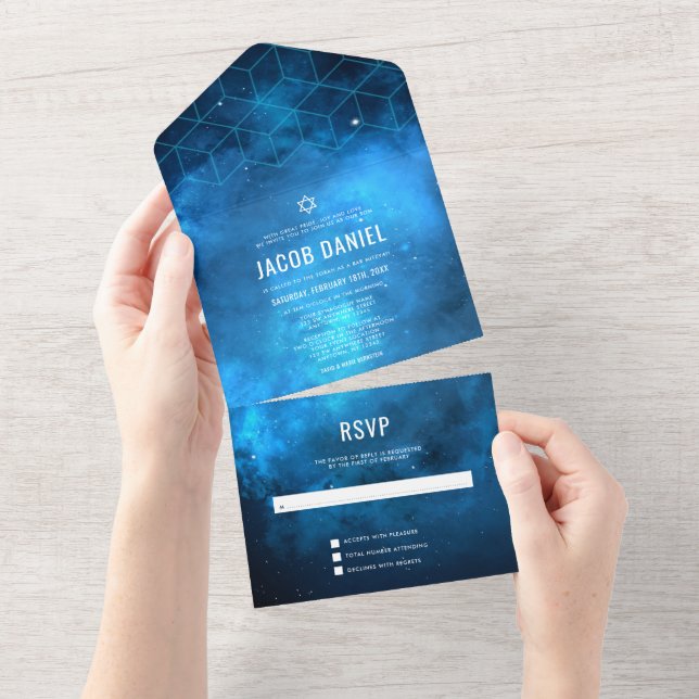Invitation Tout En Un Bar Mitzvah Galaxie Espace Bleu (Déchirure)