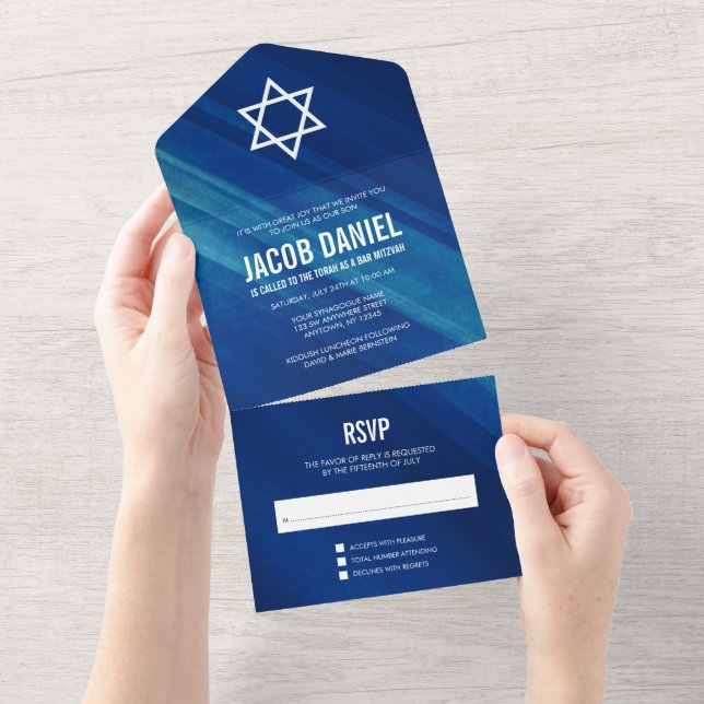Invitation Tout En Un Bar Mitzvah Grunge bleu moderne (Déchirure)