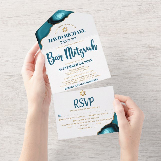 Invitation Tout En Un Bar Mitzvah Moderne Turquoise Agate Script Party (Déchirure)