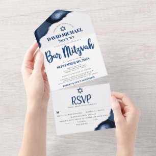 Invitation Tout En Un Bar Mitzvah Navy Blue Agate Script Party Moderne