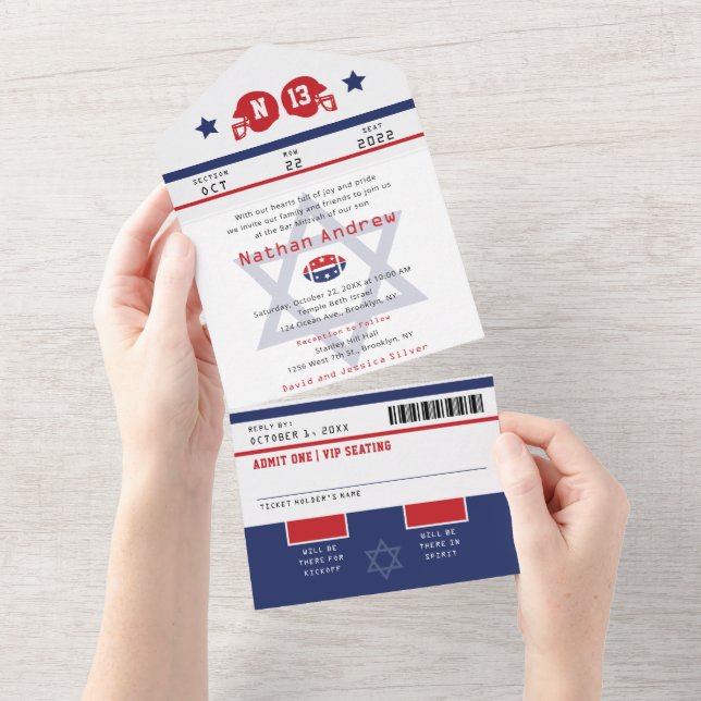 Invitation Tout En Un Bar Mitzvah Red Blue Football Sports Ticket (Déchirure)