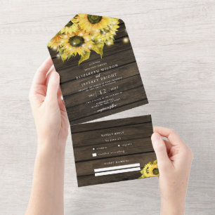 Invitation Tout En Un Barne Rustique Bois Sunflowers à cordes Mariage