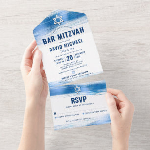 Invitation Tout En Un Barre Mitzvah moderne Gras Marine Typographie Blue