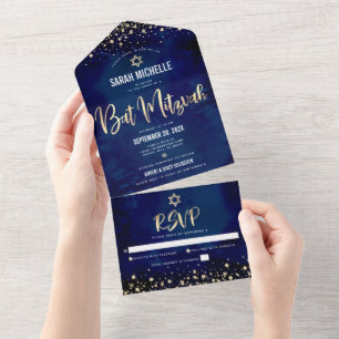 Invitation Tout En Un Bat mitzvah Marine Parties scintillant or Script M