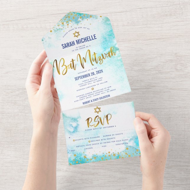Invitation Tout En Un Bat mitzvah Turquoise Aquarelle Gold Script Party (Déchirure)