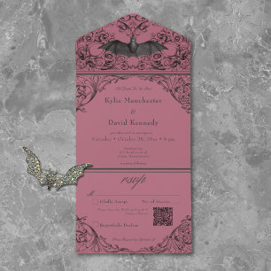 Invitation Tout En Un Bat victorien Til Death Black Wine Mariage QR Code