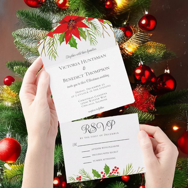 Invitation Tout En Un Beau Rouge Noël Poinsettia Floral Mariage (Créateur téléchargé)