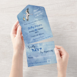 Invitation Tout En Un Bébé afro-américain garçon Cigogne dans le ciel no