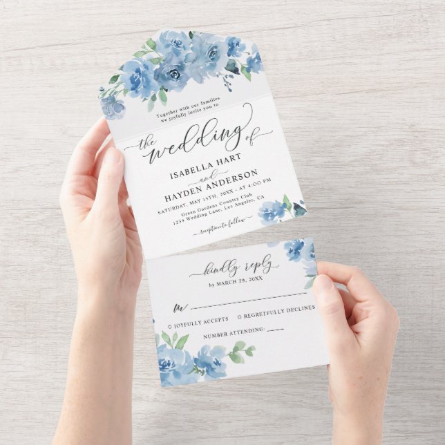 Invitation Tout En Un Bébé clair Dusty Bleu Floral Mariage (Déchirure)