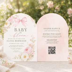 Invitation Tout en Un Bébé en Fleur Rose Ruban Shower