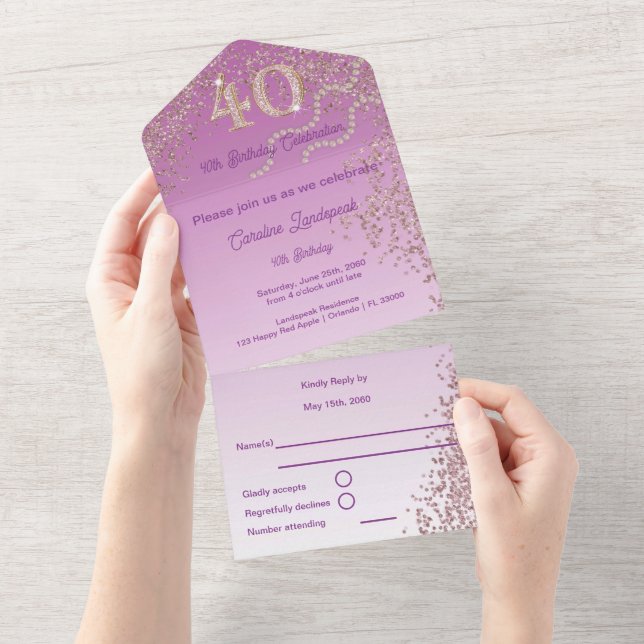 Invitation Tout En Un Belle Falling Rose Gold Parties scintillant 40e an (Déchirure)
