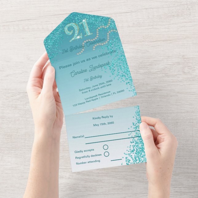 Invitation Tout En Un Belle Falling Turquoise Blue Parties scintillant 2 (Déchirure)