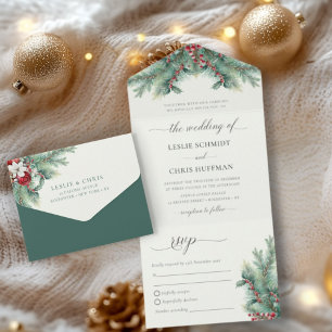 Invitation Tout En Un Berries d'hiver et Pine Aquarelle Mariage de verdu