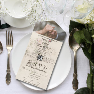 Invitation Tout En Un Beurre floral ivoire à crème simple Photo QR Code