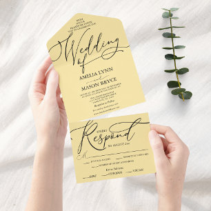 Invitation Tout En Un Beurre Jaune Élégant Calligraphie Script Mariage