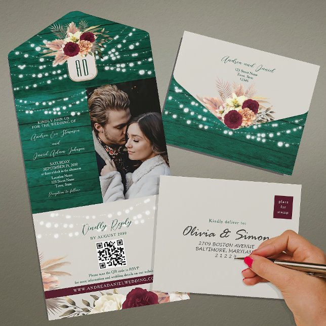 Invitation Tout En Un Bijou ton Emerald Rustic Boho Mariage (Créateur téléchargé)