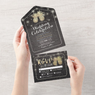 Invitation Tout En Un Black & Gold Pineapples Couple Wedding RSVP