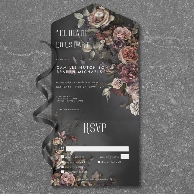 Invitation Tout En Un Black Moody Gothic Flowers & Dîner Mist (Black Moody Gothic Flowers & Mist Dinner All In One Invitation)