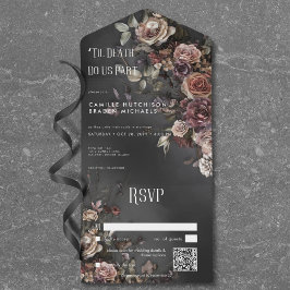 Invitation Tout En Un Black Moody Gothic Flowers & Mist QR Code