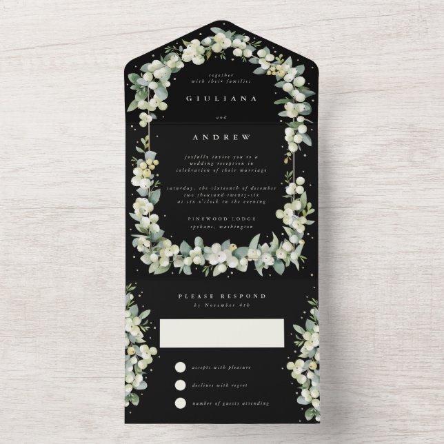 Invitation Tout En Un Black Snowberry+Eucalyptus Réception de mariage un (À l'intérieur)